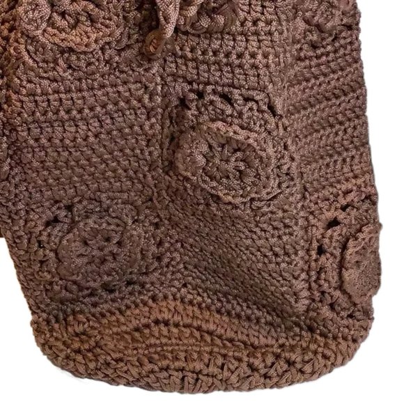 Hand Crocheted Chocolate Brown Backpack Flowers and Braided Straps - Picture 4 of 5
